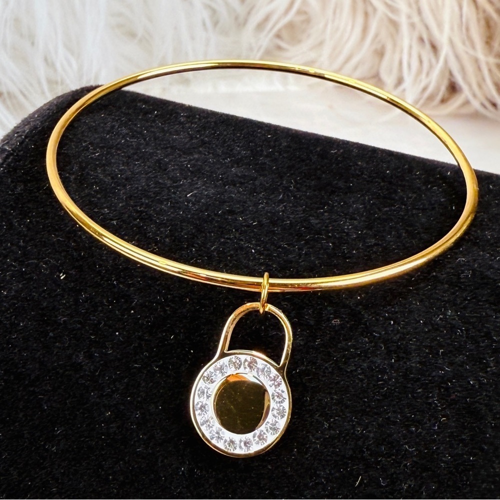 Dainty goldtone, crystal accent lock charm minimalist bangle bracelet